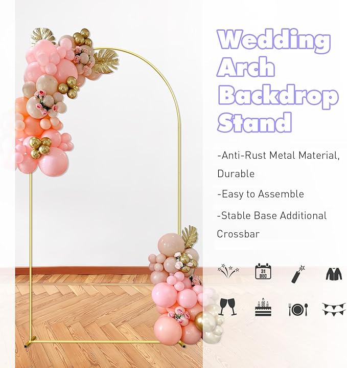 7.2FT Wedding Arch Backdrop Stand and Beige Arch Cover, Beige Spandex Fitted Backdrop Cover and Gold Wedding Arch Frame for Birthday Party Wedding Ceremony Bridal Baby Shower, Parties Decoration.