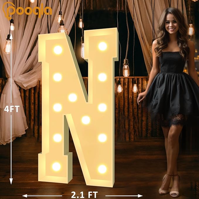 Pooqla 4 FT Marquee Light Up Letters, Cool White and Warm White Marquee Letter 4 Feet Tall, Giant LED Sign Big Mosaic Letter N for Balloons Birthday Party Anniversary Wedding Decorations