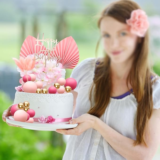 Gyufise 29Pcs Rose Red Artificial Flower Cake Decorations Acrylic Happy Birthday Cake Topper Balloon Cake Toppers Palm Fan Cake Picks for DIY Wedding Birthday Valentine's Day Party Supplies