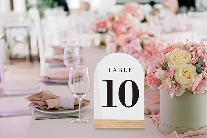 Wedding Table Numbers 1-10, Acrylic Arch Signs with Natural Wood Stands Holders, Rustic Table Decor for Reception & Parties (White Black)