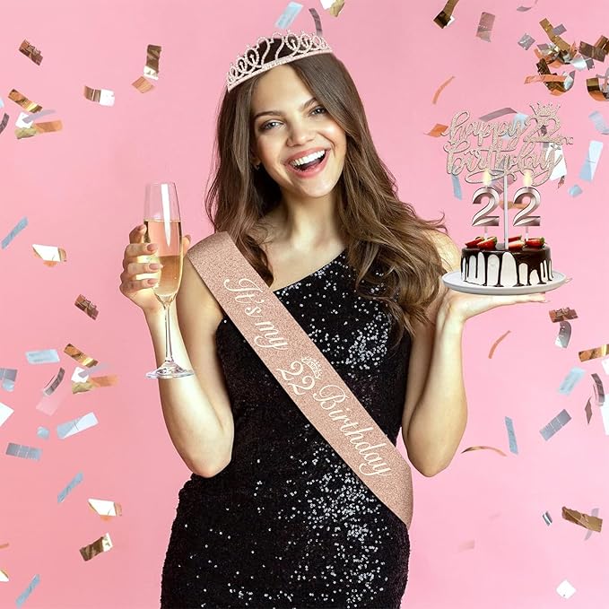 22 Birthday Decorations for Women Including Sash and Tiara, Cake Topper and Candles, 22nd Birthday Gifts for Women, Rose Gold Party Decor Supplies