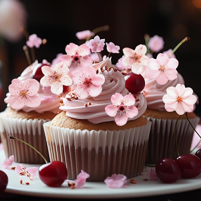 70PCS Edible Cherry Blossoms Cupcake Toppers Pink Edible Cherry Flowers Cake Decorations Wafer Paper Flowers Cupcake Topper for Flowers Theme Baby Shower Birthday Party Decor Supplies