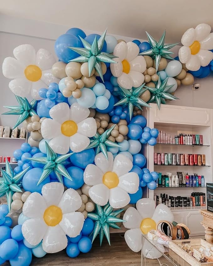 3pcs 26inch 3D Explosion Star foil balloon, Pearled Blue Foil Cone star burst Balloons for Birthday Wedding New Year Party Event