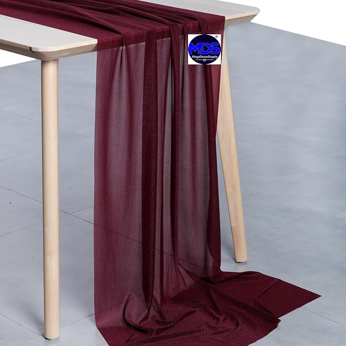 MDS 20 Pack 10ft Chiffon Table Runner 29 x 120 Inches Sheer Wedding Runner Romantic Rustic Table Runner for Wedding Decorations, Birthday Parties, Bridal Shower Party Arch Decor - Burgundy