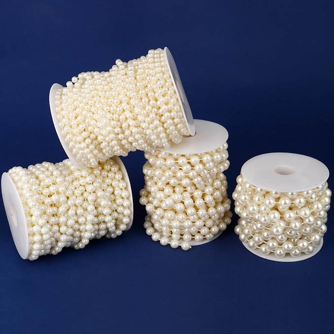 47 FT Pearl Beads Garland for Decoration, 8MM Craft Pearl Beads String Spool Ivory Color Faux Pearl Strand Roll for DIY Craft Wedding Party Christmas Tree Decoration