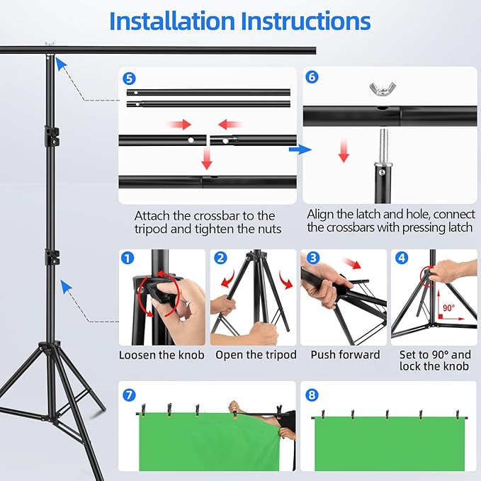 HEMMOTOP Blue Green Screen Backdrop Kit, 2in1 7x5ft(HxW) Green Screen Stand for Streaming, 6.5x5ft(HxW) 2-Sided Reversible Blue Photo Background with Backdrop Stand for Photography, Zoom