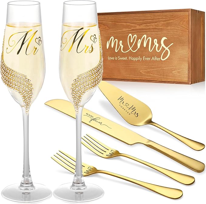 Wedding Cake Knife and Server Set, Gold Mr and Mrs Champagne Flutes and Cake Cutting Set for Wedding Bridal Shower Gifts (Gold)