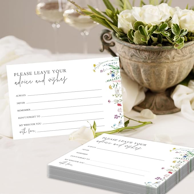 Wildflower Advice And Wishes Cards For The Mr And Mrs, Blank Well Wishes For Baby Shower, Bridal Shower And Graduation Party, Wedding Advice Cards 4x6, Pack of 25 -G15