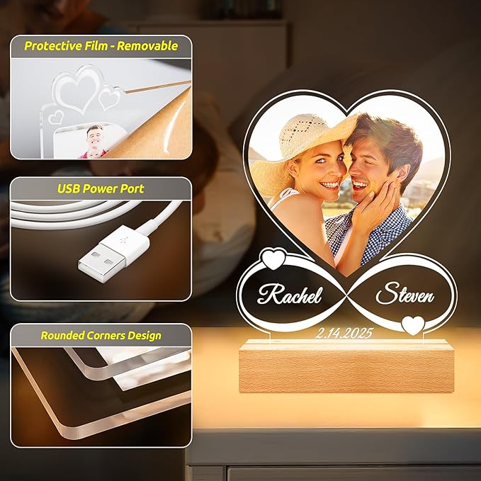 Custom Picture Frames with Photo, Customized Photo Frame with Night Light, Personalized Picture Frame, Personalized Anniversary Birthday Gifts for Women Men Him Her Girlfriend Boyfriend Couples