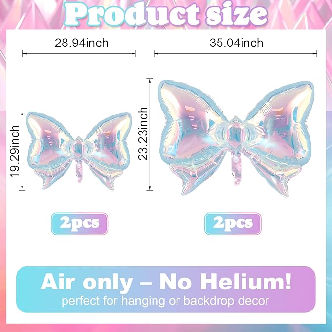 4Pcs Iridescent Foil Balloons, Iridescent Bow Foil Balloons, Rainbow Bow Holographic Clear Foil Balloon for Birthday Baby Shower Mermaid Rainbow Bachelorette Wedding Party Decorations