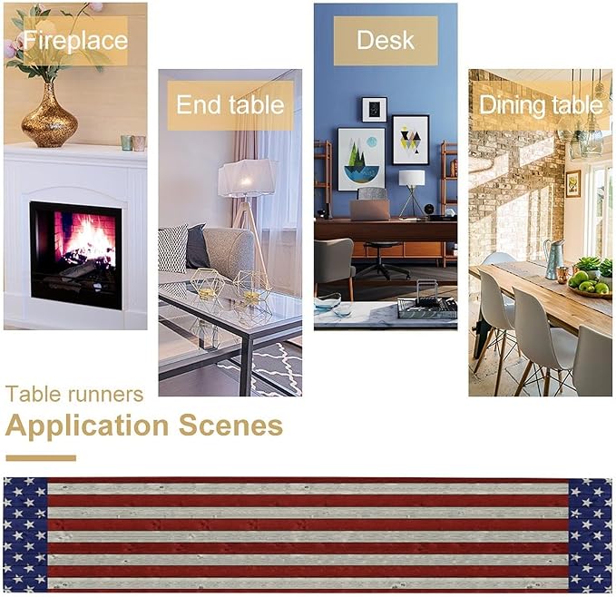 American Flag Table Runner, 4th of July USA Rustic Vintage Wooden Blue Red Stars Stripes Print Table Runner for Farmhouse Kitchen Dining Table Decor, 13x36inch