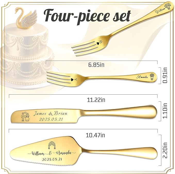 Custom Wedding Cake Knife and Server Set Personalized Cake Cutter with Engraved Text Bridal Cake Cutting Set with Gift Box for Weddings Anniversary Birthday (Gold - with fork)