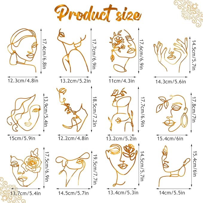 12 Pcs Acrylic Lady Face Cake Topper Minimalist Art Happy Birthday Cake Toppers Women Wedding Cake Decoration for Wedding Birthday Party (Gold)