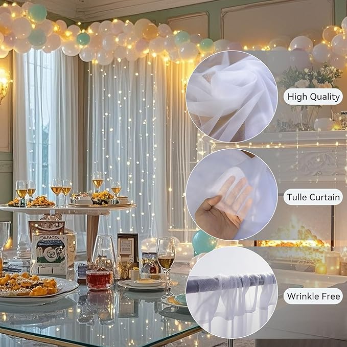 10×10ft Tulle Backdrop Curtains with Lights String - 300LED Fairy Lights Sheer Curtain Backdrop for Weddings Baby Shower and Birthday Party Decorations(4 Panels 5×10ft)