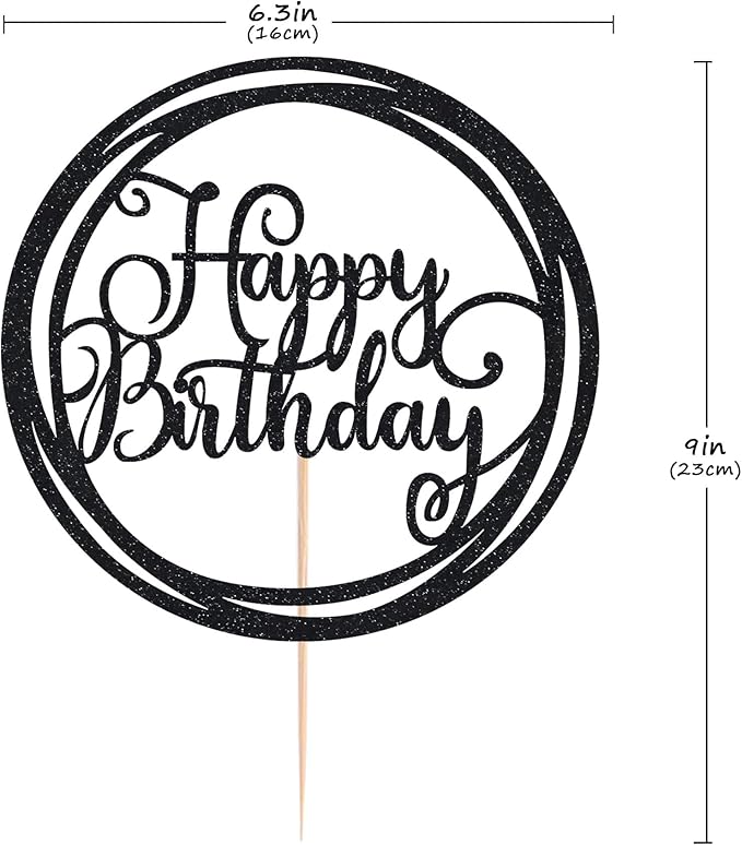 Happy Birthday Cake Topper - Black Glitter Happy Birthday Cake Decoration Supplies for Children or Adults - Happy Birthday Cake Bunting Decor, Photo Booth Props