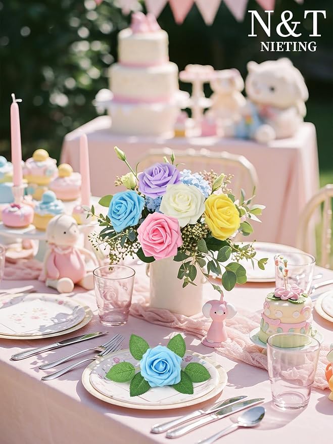 N&T NIETING Artificial Flowers, Fake Flowers Roses Perfect for DIY Wedding Bridal Bouquets Centerpieces Bridal Shower Party Home Flower Arrangement Flowers Decorations, 25Pcs, Series Color B