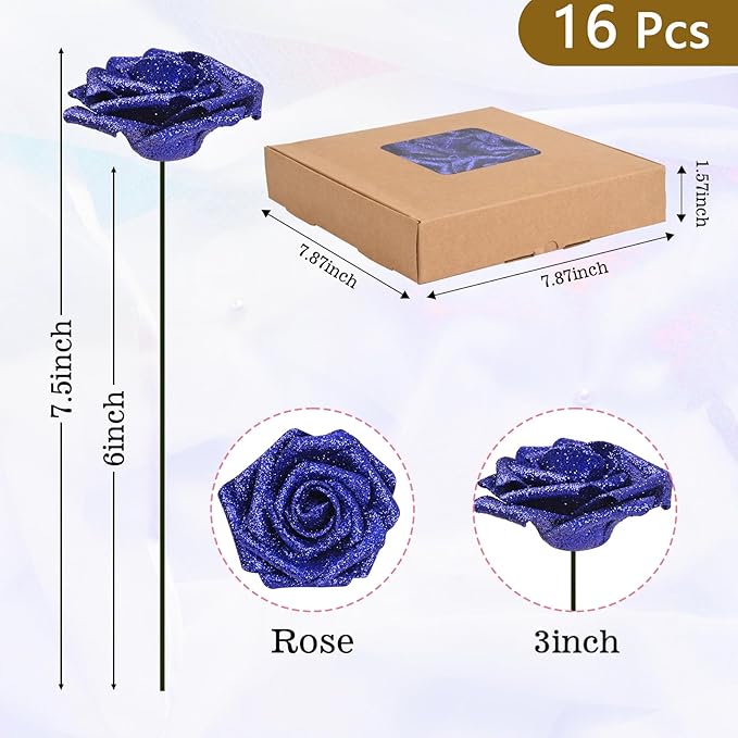 BLEUM CADE 16Pcs Artificial Flowers Fake Roses with Stems, Blue Glitter Boxed Foam Roses for DIY Bouquets Centerpieces Wedding Party Arrangement Bridal Shower Decor