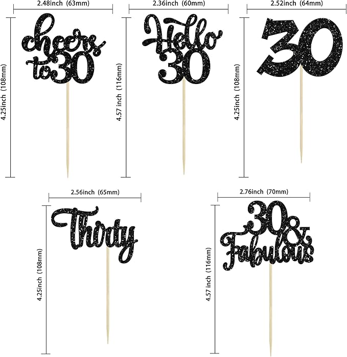 30Pcs Happy 30th Birthday Cupcake Toppers Black Glitter Thirty Cheers to 30 Birthday Cupcake Picks for Happy 30th Birthday Anniversary Party Cake Decorations Supplies