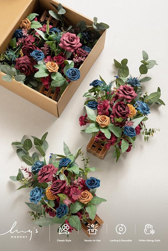 Ling's Moment 17.5" Tall Standing Artificial Flowers Arrangements 4pcs Fall Wedding Aisle Runner Chair Decorations Burgundy & Navy Blue Centerpieces for Ceremony Reception Rose Floral Party Outdoor