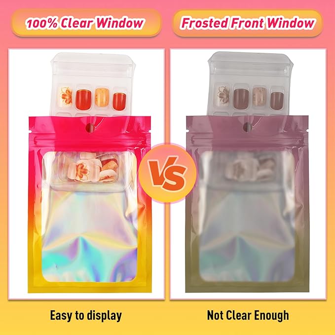 Funfery 100 Pack Gradient Holographic Bags,Mylar Resealable Bags with Zipper,Clear Window Packaging Pouchs,Smell Proof Bag for Food Storage,Sample Jewelry Bag(6.3x9.4In,Hot Pink Orange)