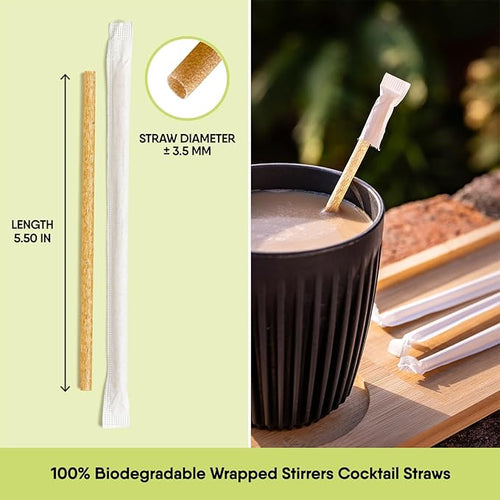100% Biodegradable Individually Wrapped Cocktail Stirrers – 300 PCS of 5.50 Inches Premium Quality Disposable Coffee Stirrers, Best Biodegradable Stirrers for All Drinks – By The Veggie Straws