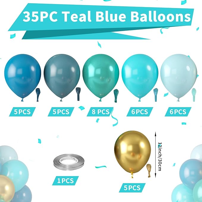 Teal Blue Balloons, Turquoise Balloons Macaron Teal Blue Balloon, Peacock Blue Retro Sea Blue Metallic Gold Balloon for Birthday Baby Shower Wedding Summer Beach Party Decoration