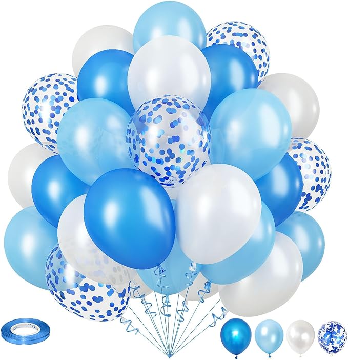 Blue and White Balloons, 35pcs 12 Inch Pearl Royal Blue Light Blue White Balloons, Pale Confetti for Boys Christening Baby Shower 1st Birthday Men Aqua Wedding Party Decorations Is-02