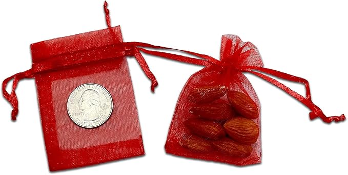 TheDisplayGuys 48-Pack 2" x 2-3/4" Red Sheer Organza Gift Bags with Drawstring, Jewelry Candy Treat Wedding Party Favors Mesh Pouch