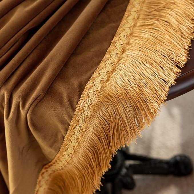 F-CHU Camel Tablecloth Thickset Velvet Tablecloth with Beautiful Gold Tassels Vintage Table Cloth for Home Decor Wedding, Party, Banquet and Events 70" Round