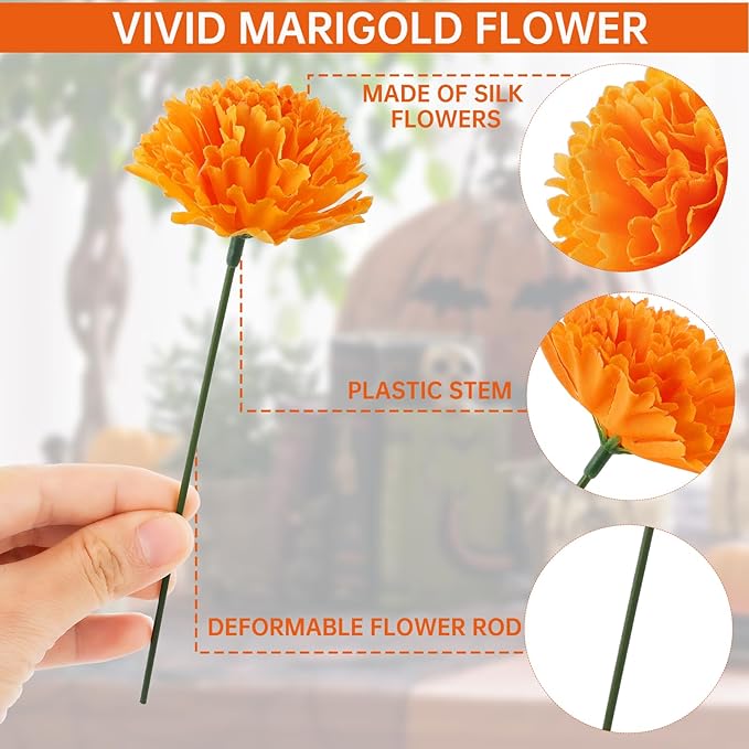 Hananona 100 Pcs Marigold Flower Heads Bulk, Silk Marigold Heads Artificial Flowers for Diwali Home Decor DIY Wreath Garland Day of The Dead Decoration (100, Orange)