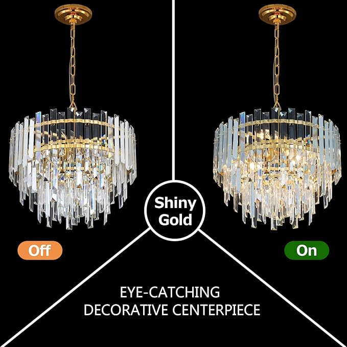 Gold Copper Crystal Chandelier Lighting 17.7'' for Dining Rooms Bedroom Foyer Entryway Ceiling Hanging Pendant Chandelier Light Fixture Lamp