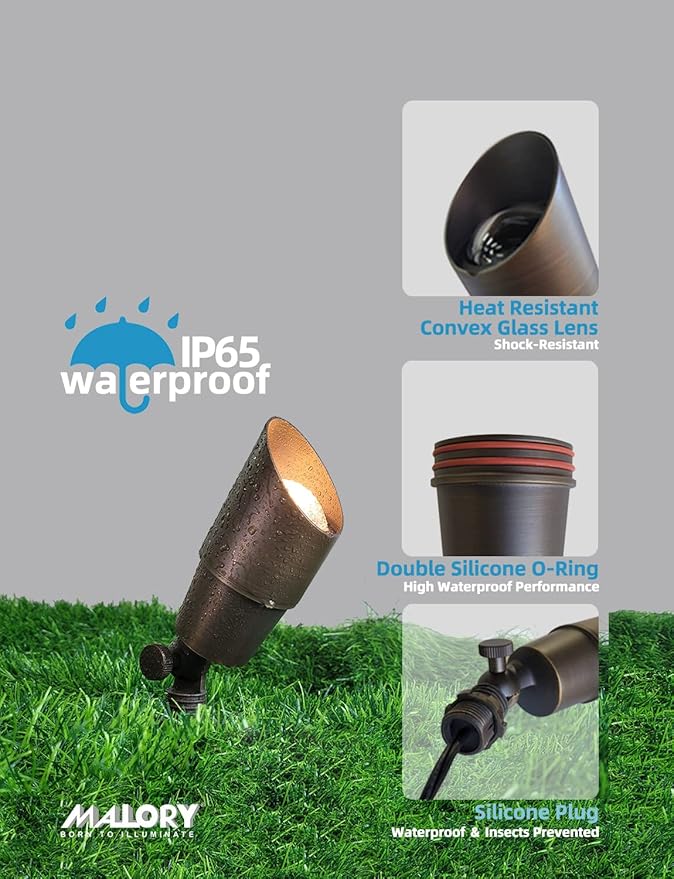 MALORY Brass Outdoor Spot Lights 1 Pack Without Bulb Kit(S01),12V AC/DC Low Voltage LED Landscape Lighting,Outdoor Lights for Patio, Garden and Yard with Ground Stake and Wire Connector
