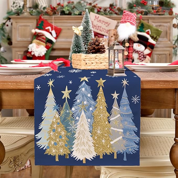 GEEORY Christmas Table Runner 13x108 Inch, Xmas Trees Snowflakes Holiday Decorative Farmhouse Table Decoration for Kitchen Dinning, Indoor Outdoor Dinner Party Decor (Blue) GT151-108