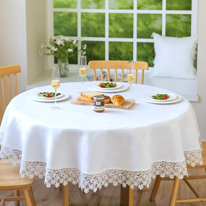 White lace Premium Round Farmhouse Tablecloth Waterproof OilProof SpillProof AntiShrink Soft Wrinkle Resistant Decorative Fabric Table Cover Kitchen Dinning Party Wedding Banquet
