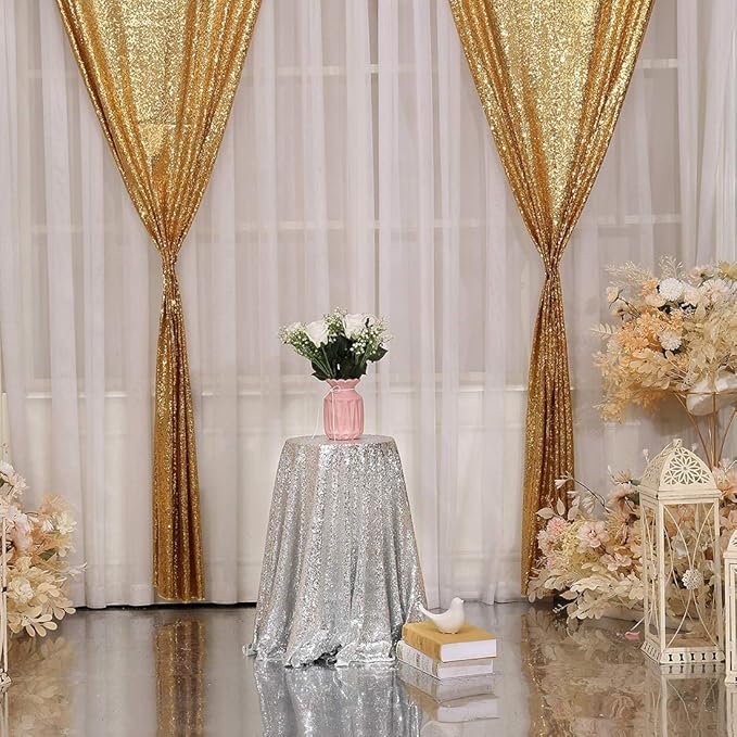 Poise3EHome Gold Sequin Backdrop Curtain, 4 Pieces 3FT x 8FT Sequin Backdrop Panels, Sequence Wedding Party Background Drapes