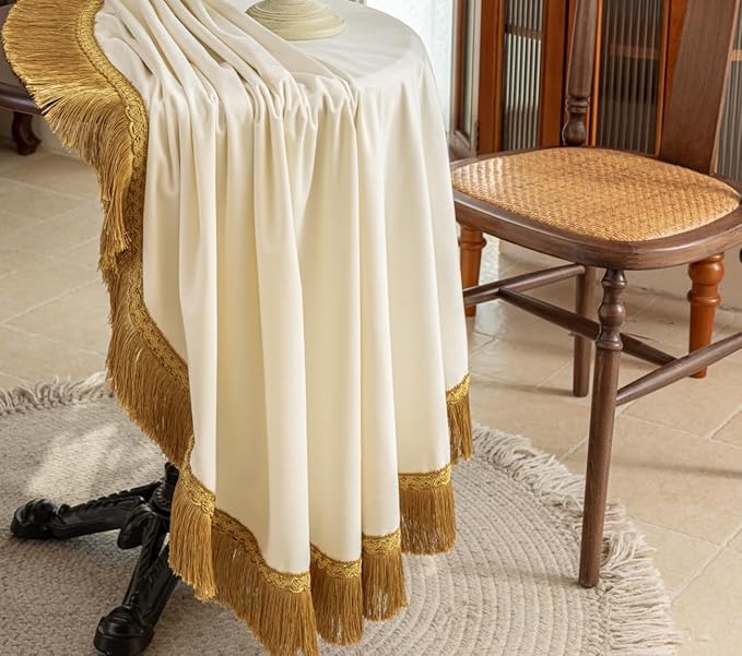 F-CHU White Tablecloth Thickset Velvet Tablecloth with Beautiful Gold Tassels Vintage Table Cloth for Home Decor Wedding, Party, Banquet and Events 60" Round