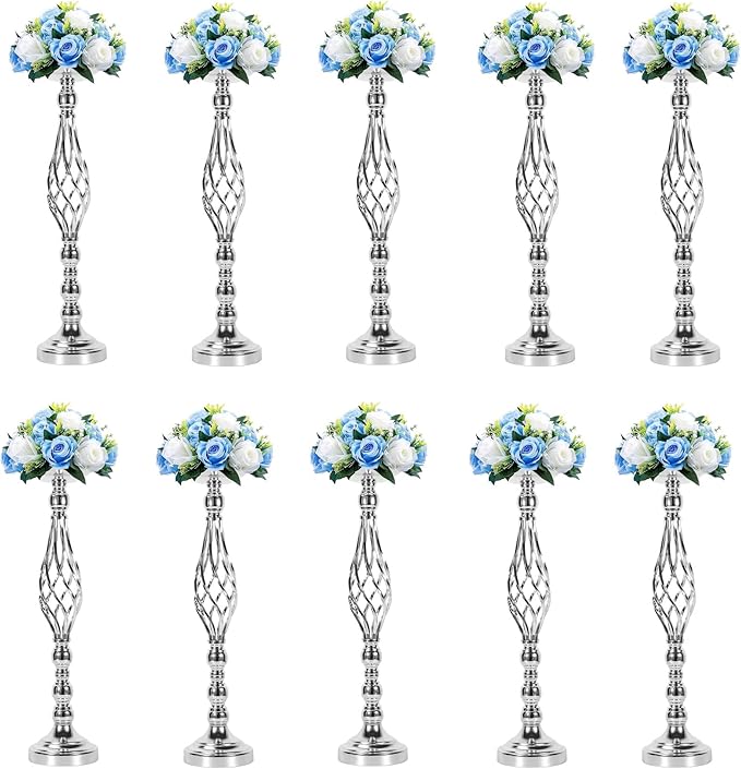 LANLONG 10pcs Metal Silver Candle Holders Road Lead Table Centerpiece Stand Pillar Candlestick for Wedding Candelabra Flowers Vases