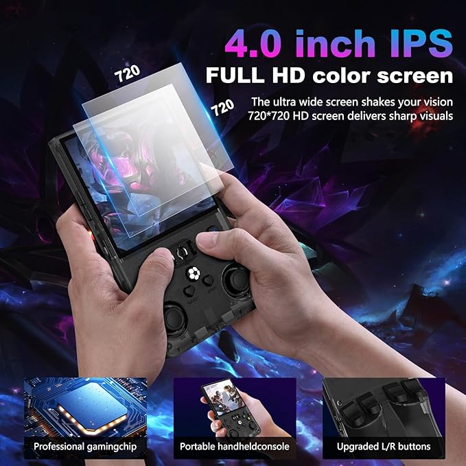 R36MAX Retro Handheld Game Console, 4.0 Inch 720x720 IPS Screen, Built-in 18,000+ Classic Game, Portable Hand Held Open Source Linux System, 4000mAh Battery Retro Gaming Console (Black 64GB)