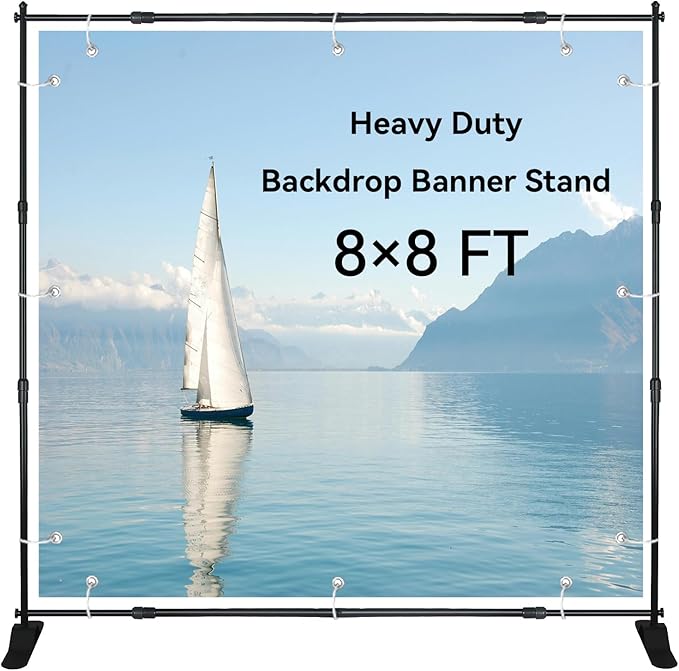 8x8 FT(WxH) Heavy Duty Backdrop Banner Stand with Adjustable Telescopic Tube,Step and Repeat Stand for Parties, Photo Booths, Exhibit Events and More Easy to Install(Carrying Bag Included)