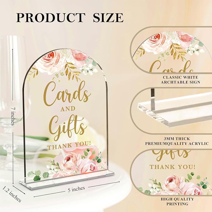 4 Pcs Acrylic Wedding Signs for Reception, Bridal Shower Decorations, Cards and Gifts Signs, Guest Book Sign, Arch Acrylic Table Top Sign with Holder for Wedding Reception (Clear Pink Flowers)