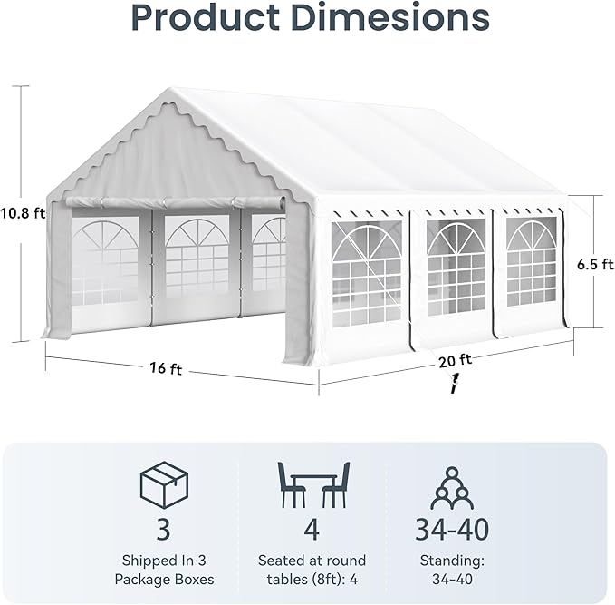 PHI VILLA 20'x16' Outdoor Heavy Duty Party Tent Large Commercial Canopy Wedding Event Shelter with Removable Sidewalls & 3 Storage Bags for Patio Outdoor Garden Events, White