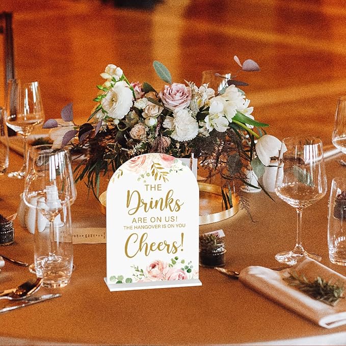Acrylic Wedding Signs, Bridal Shower Decorations, The Drinks Signs for Reception, Modern Calligraphy Arch Acrylic Table Top Sign for Wedding Reception and Engagement Parties (Pink Flowers)