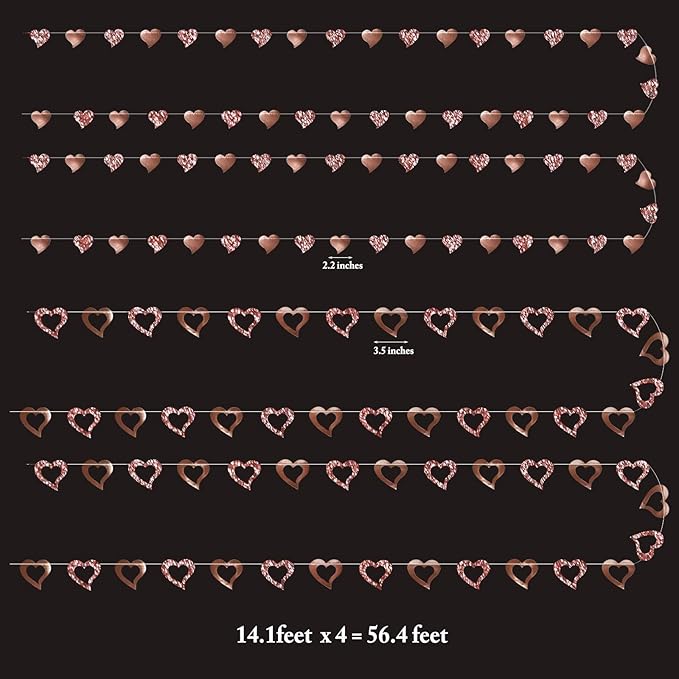 Cheerland Rose Gold Heart Garland Glitter Valentine Day Mothers Day Wedding Engagement Anniversary Bridal Shower Baby Shower Bachelorette Party Decorations Backdrop Banner Hanging Decor