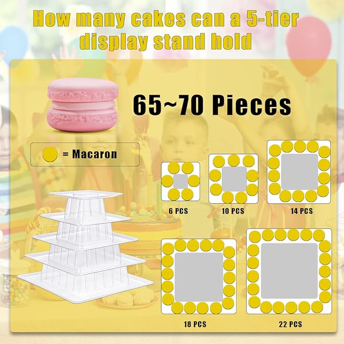 5 Tiers Square Macaron Tower Stand, Plastic Transparent Cake Stand Macaroon Display Rack Desserts Cupcake Holder Platter for Wedding, Birthday Party, Baby Shower, Party Decor