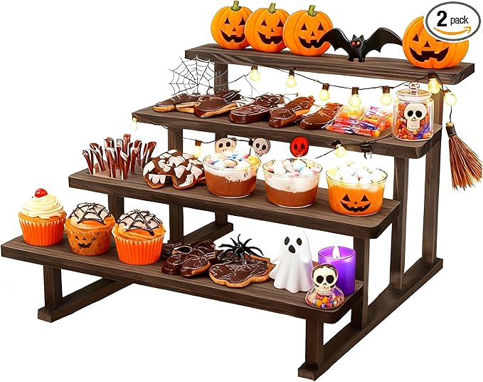 2PACK Spice Rack Stand 4 Tier Wooden Display Shelf for Tabletop Riser Stand for Party,Kitchen,Perfume,Vendors event, Collection