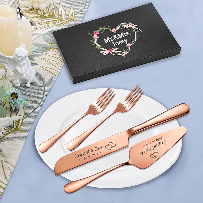 Personalized Wedding Cake Knife and Server Set, Custom Names Cake Cutting Set with Stainless Steel Forks, Customized Bridal Anniversary Birthday Wedding Registry Gifts for Couple (Rose Gold)