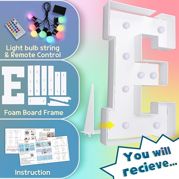 imprsv 3FT Colorful Marquee Light Up Letters E, 18 Colors Large Light up Letters Alphabet Sign with Remote, Big Marry Me Sign, Birthday Party Decorations Baby Shower Anniversary Wedding Decoration