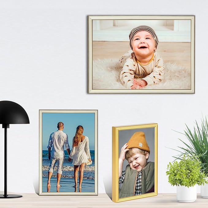 5x7 Picture Frame Champagne Brushed Modern Simple Thin Aluminum Metal Photo Frame with HD Real Glass, Display for Tabletop and Wall Collage. (2 Pack)