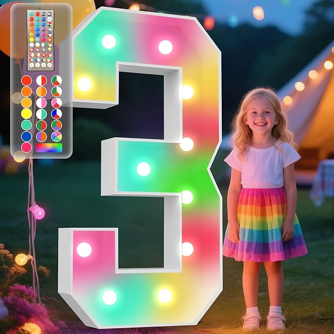 Ledido 4FT Marquee Light Up Numbers, 34 Colors Changing Marquee Numbers 4 Feet Tall with Remote, Big Numbers for Party Wedding Graduation Birthday Decoratoons, Large Light Up Number 3