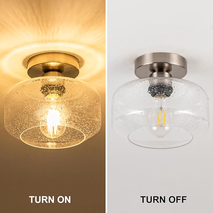 Semi Flush Mount Ceiling Light, Vintage Style - Clear Seeded Glass & Brushed Nickel with 900 Lumens LED Bulb Included, Suitable for Kitchen, Bathroom, Hallway, Bedroom, Entryway